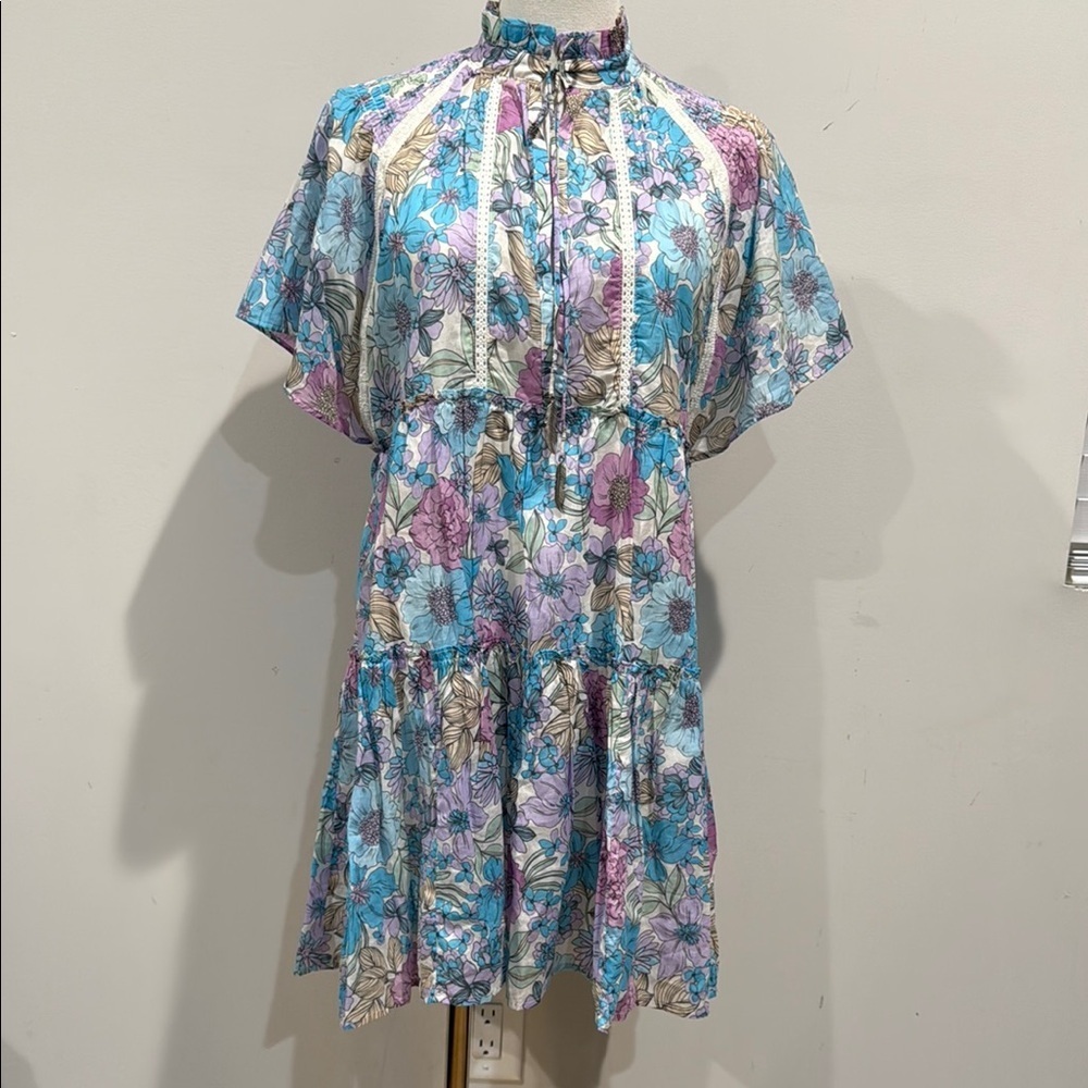 Karlie Size 2 Blue and Pink Tiered Sundress with Flutter Sleeves